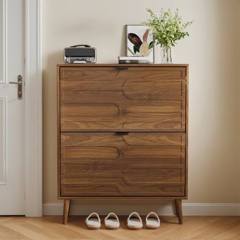 Farmhouse Walnut Shoe Storage Cabinet with 2 Flip Drawers, Slim Fence Shoe Cabinet for Corridor Entrance, 80L x 24W x 98H cm, Walnut