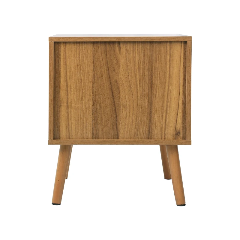 Boho Rattan Nightstand with Rattan Drawer, Open Shelf and Gold Handles, Mid-Century Bedside Table for Bedroom, 45L x 40W x 55H cm, Walnut