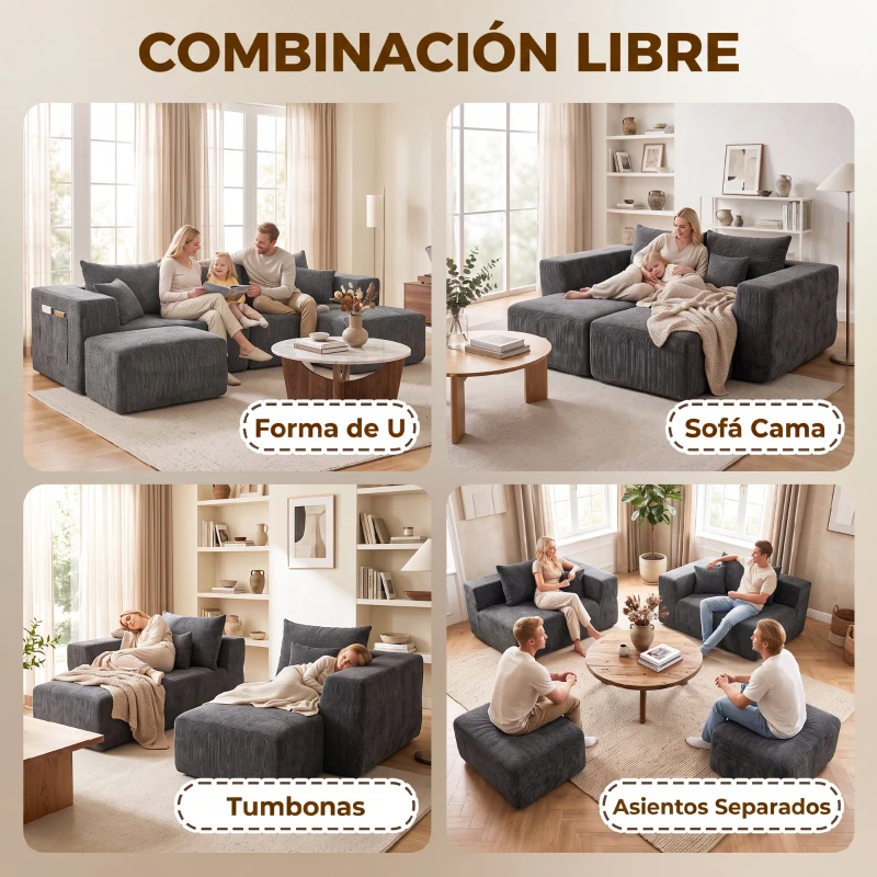 HOMCOM Sofá Modular en U de 3 Plazas con 2 Otomanas Bolsillos Sofá de Chenilla con Asiento Ancho No Requiere Montaje Gris