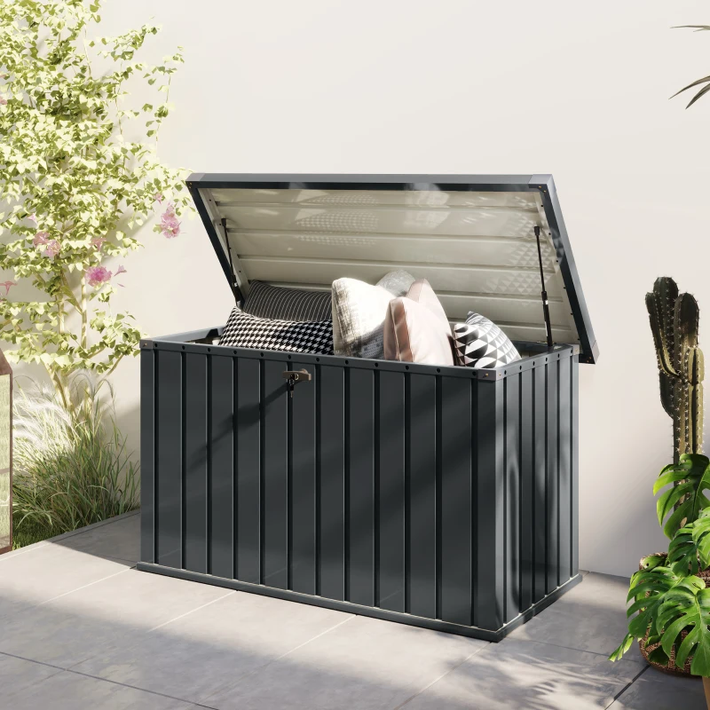 Outsunny Baú de Arrumação Exterior 400 L em Aço Galvanizado Resistente à Intempérie com Fechadura Cinzento