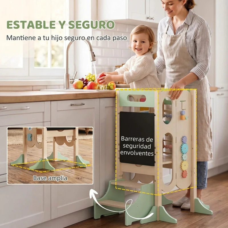 AIYAPLAY Torre de Aprendizaje 6 en 1 Montessori Plegable 3 Alturas con Pizarra Ábaco Reloj Escalones Desmontables 2-6 Años Verde