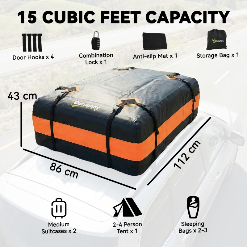 Outsunny Car Roof Bag, 425 L Soft Car Roof Box, 8 Reinforced Straps, Anti-Slip Mat, Vehicles with/without Racks, Orange