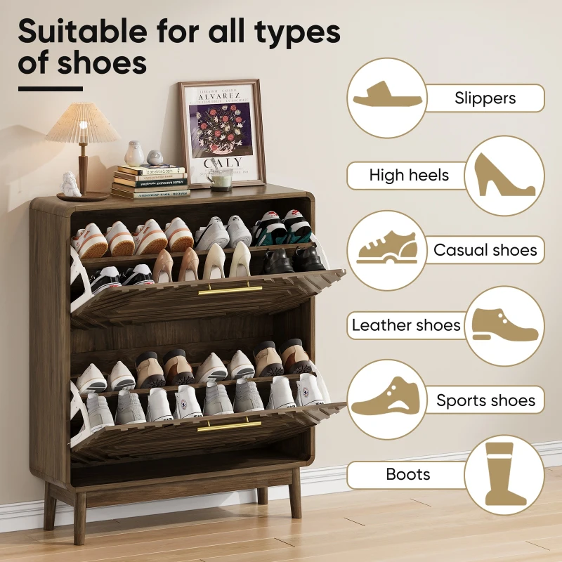 Warm Walnut Shoe Storage Cabinet with 2 Flip-Top Drawers, Mid-Century Freestanding Shoe Cabinet for Entry Hallway, 80L x 24W x 95H cm, Walnut