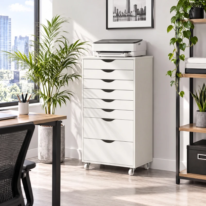 HOMCOM Caisson Bureau Mobile avec 8 Tiroirs, Meuble Rangement Bureau pour Documents et Imprimante, 53x40x103,5cm, Blanc
