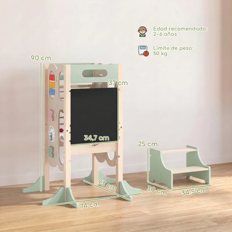 AIYAPLAY Torre de Aprendizaje 6 en 1 Montessori Plegable 3 Alturas con Pizarra Ábaco Reloj Escalones Desmontables 2-6 Años Verde