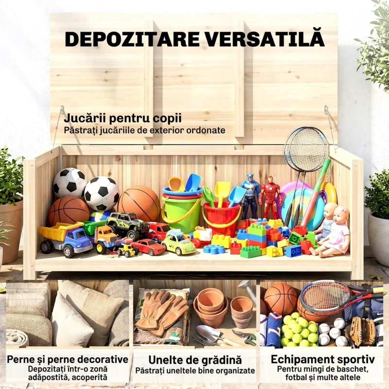 Outsunny Bancă de Depozitare pentru Grădină de 172L din Lemn de Brad, 120x55x45cm, Culoare Lemn