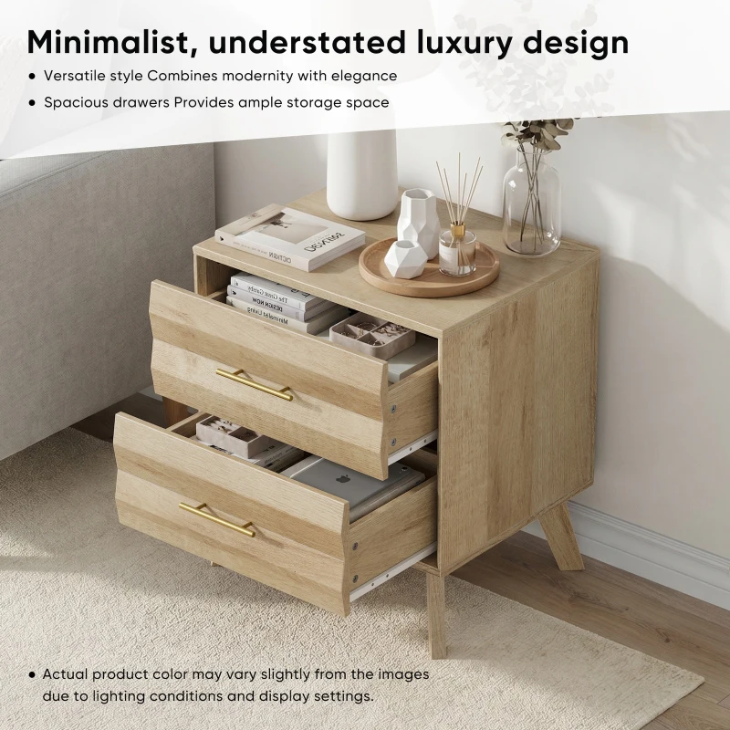 Minimalist Oak Double Drawer Bedside Table with Metal Handles, Modern Bedside Storage Cabinet for Bedroom, 50L x 40W x 58H cm, Oak
