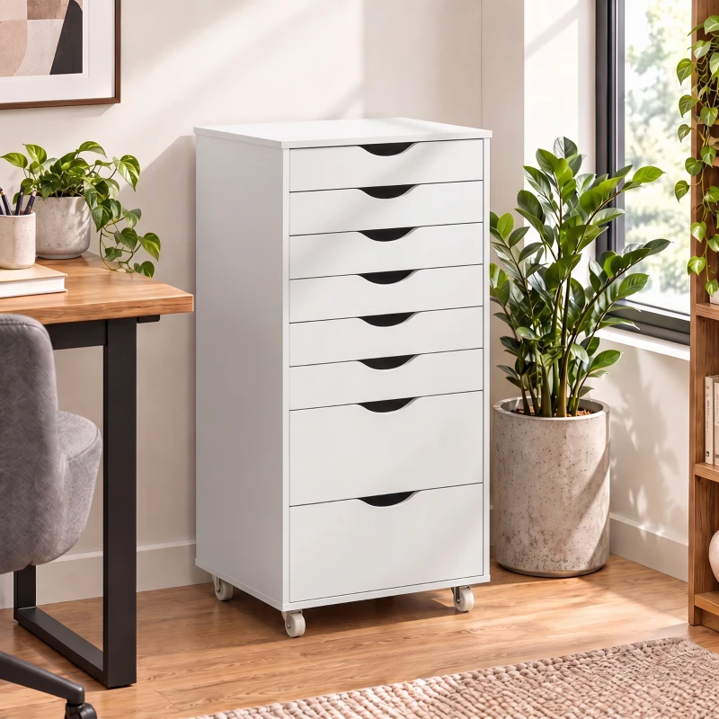 HOMCOM Caisson Bureau Mobile avec 8 Tiroirs, Meuble Rangement Bureau pour Documents et Imprimante, 53x40x103,5cm, Blanc