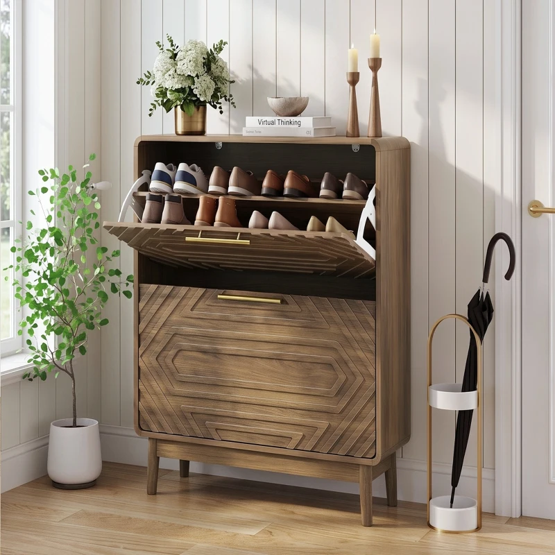 Mid-Century Walnut Shoe Storage Cabinet with 2 Flip Drawers, Freestanding Shoe Cabinet for Entry Hallway, 60L x 24W x 95H cm, Walnut