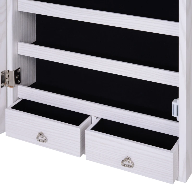 HOMCOM Espelho com Móvel de Bijuterias de Parede ou Porta Espelho de Parede com LED 5 Prateleiras 2 Gavetas pequenas e Fechadura 37x120x10cm Cinza Claro