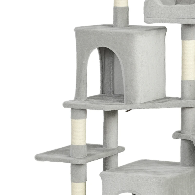 PawHut Arbre à chat tour de jeux pour chat 3 platesformes 2 niches 2 lits 2 hamacs 1 échelle hauteur 177 cm gris clair