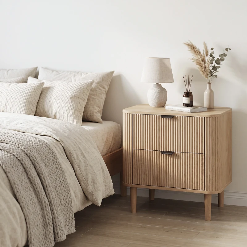 Nordic Farmhouse Bedside Table with 2 Drawers, Practical Oak Storage Side Cabinet for Bedroom Living Room, 57L x 40W x 57H cm, Oak