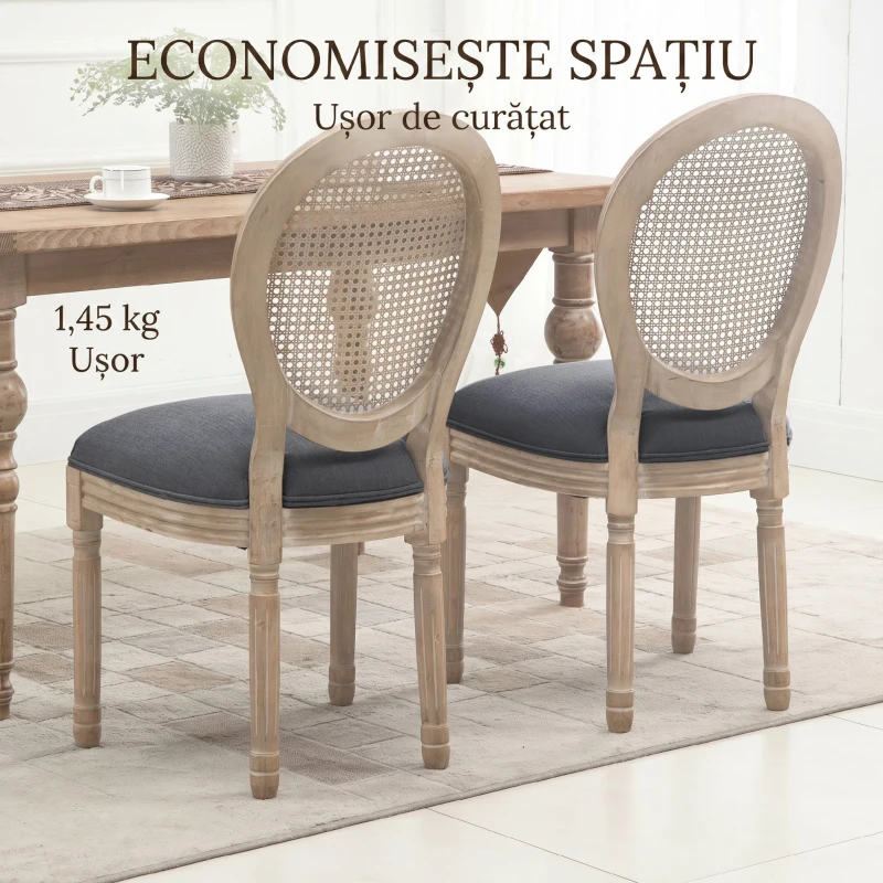 HOMCOM Set 2 Scaune de Dining Vintage, Material cu Efect de In, Spătar din Ratan Perforat, Picioare din Lemn, Gri