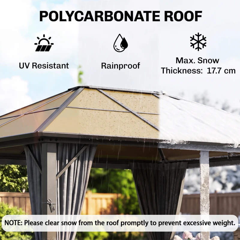 Outsunny 3 x 4m Hardtop Gazebo Canopy with Polycarbonate Roof, Aluminium Frame, Permanent Pavilion Garden Gazebo with Netting and Curtains - Grey