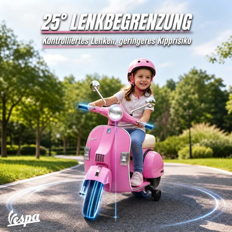 AIYAPLAY Elektryczny motocykl dziecięcy Vespa PX150 12V z akumulatorem litowym 35W 2 silniki ograniczenie skrętu 25° dla 3-6 lat