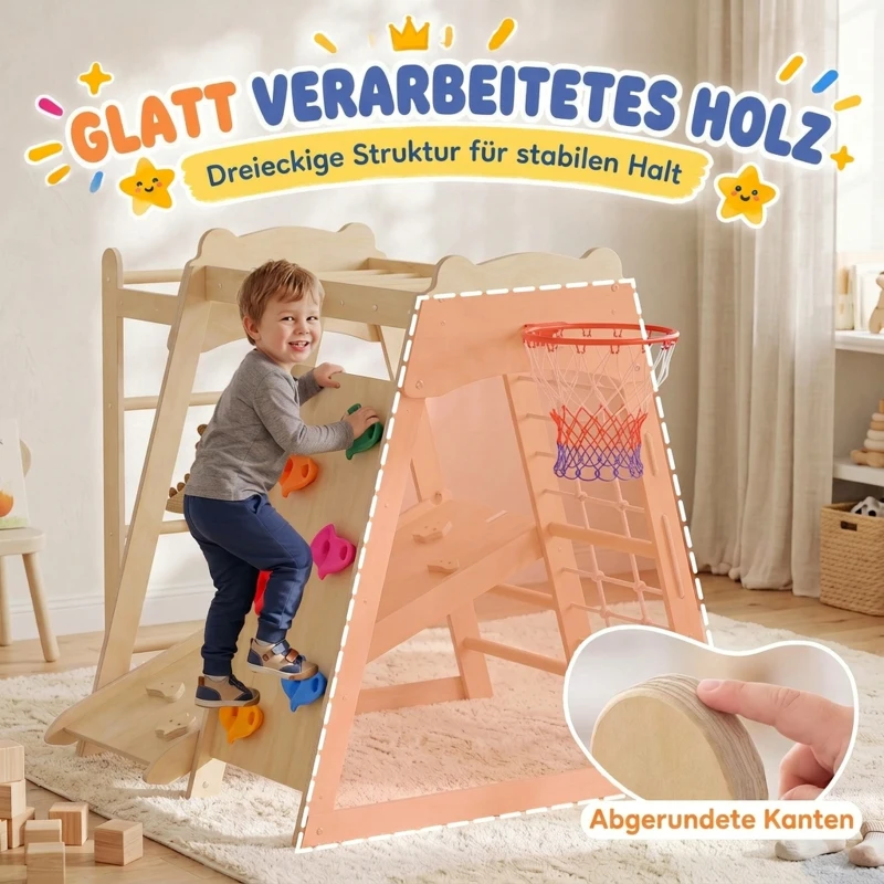AIYAPLAY 7-w-1 Montessori zestaw wspinaczkowy do domu, drewniany plac zabaw z zjeżdżalnią, ścianką wspinaczkową, drążkami i koszem do koszykówki, drabinką