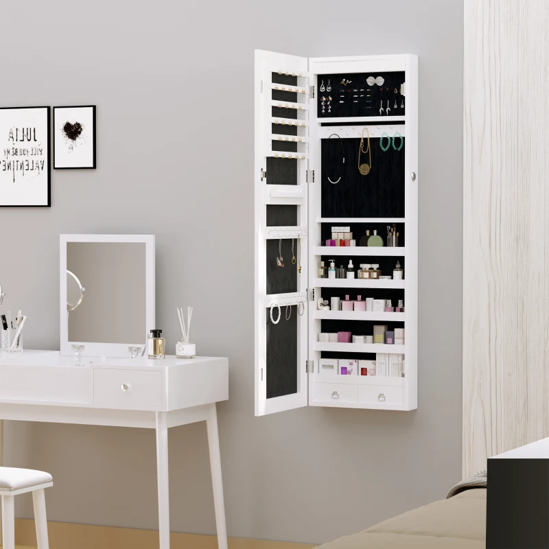 HOMCOM Espelho com Móvel de Bijuterias de Parede ou Porta Espelho de Parede com LED 5 Prateleiras 2 Gavetas pequenas e Fechadura 37x120x10cm Cinza Claro