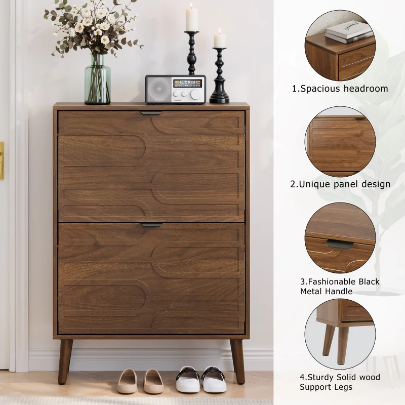 Farmhouse Walnut Shoe Storage Cabinet with 2 Flip Drawers, Slim Fence Shoe Cabinet for Corridor Entrance, 60L x 24W x 98H cm, Walnut