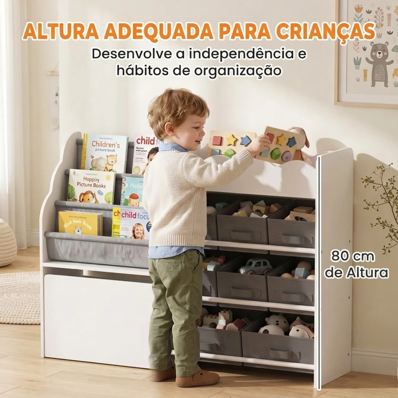 AIYAPLAY Organizador Infantil com Estante para Livros 8 Caixas de Tecido Gaveta com Rodas e Prateleira Branco