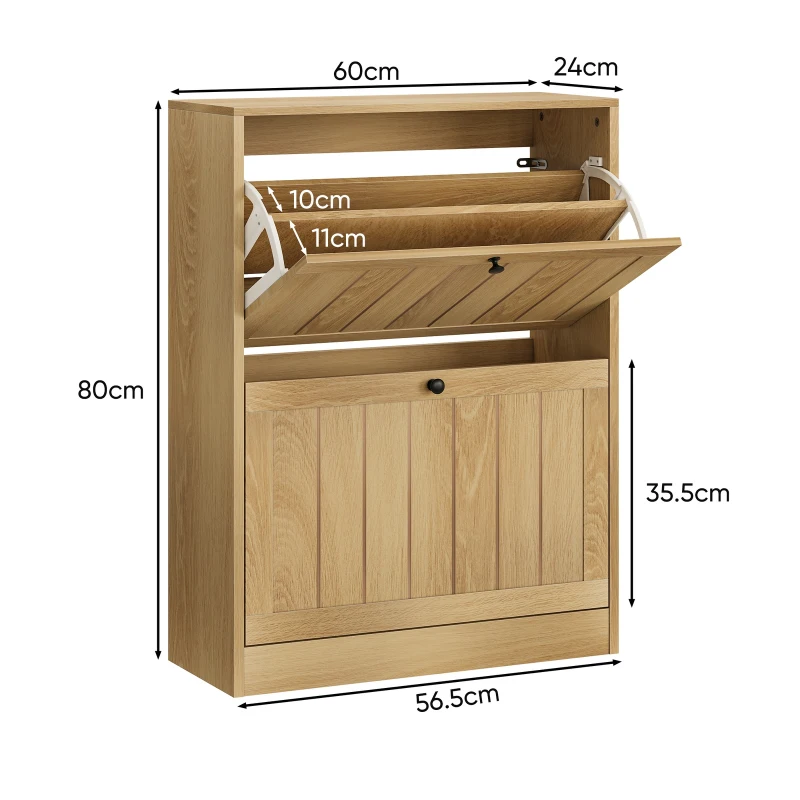 Slim Oak Hidden Shoe Cabinet with 2 Drop-Down Drawers, Mid-Century Freestanding Shoe Cabinet for Hallway, 60L x 24W x 80H cm, Oak