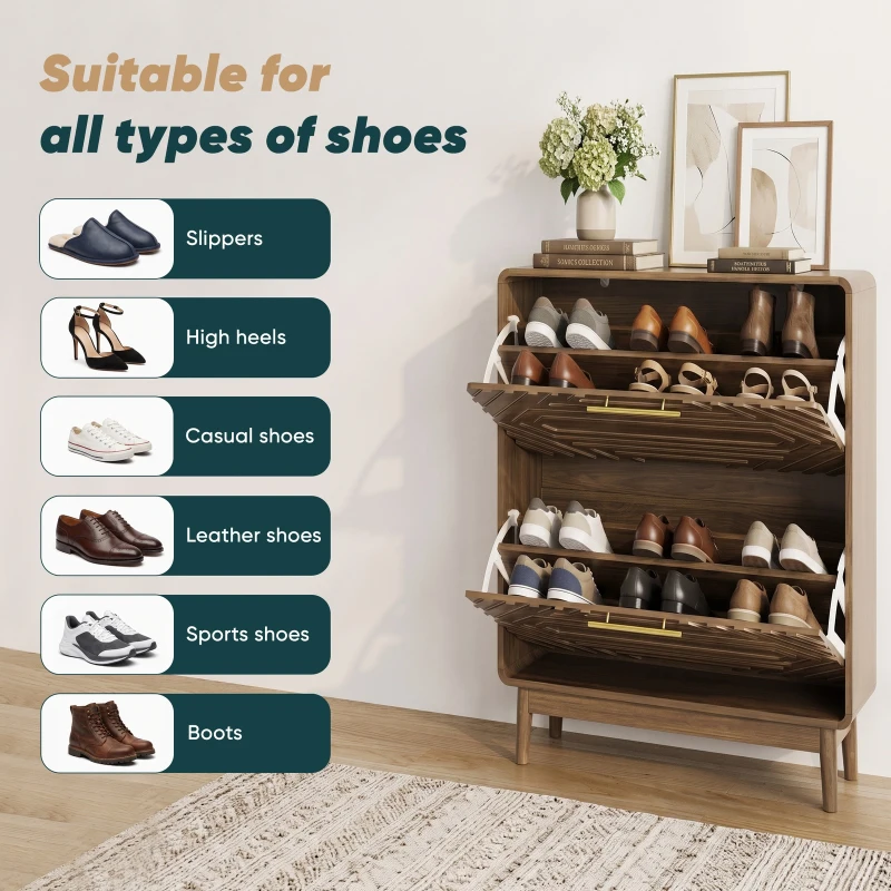 Mid-Century Walnut Shoe Storage Cabinet with 2 Flip Drawers, Freestanding Shoe Cabinet for Entry Hallway, 60L x 24W x 95H cm, Walnut