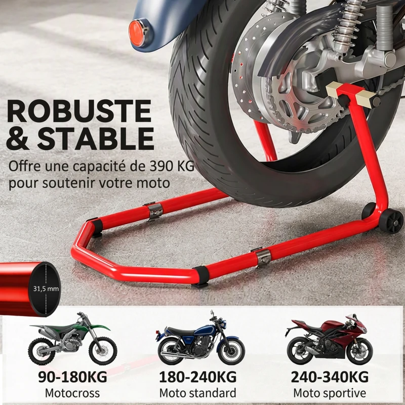 HOMCOM Béquille Moto, Capacité 390 kg, Support Avant et Arrière Réglable avec Fourches U+L, Clips de Serrage, 43x36x64cm, Rouge