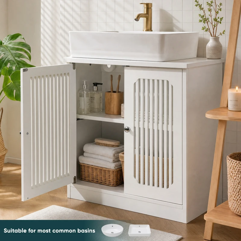 Minimalist Washbasin Cabinet with Louvered Double Doors, Sturdy Floor-Standing Storage Cabinet for Bathroom Utility, 60L x 30W x 60H cm, White