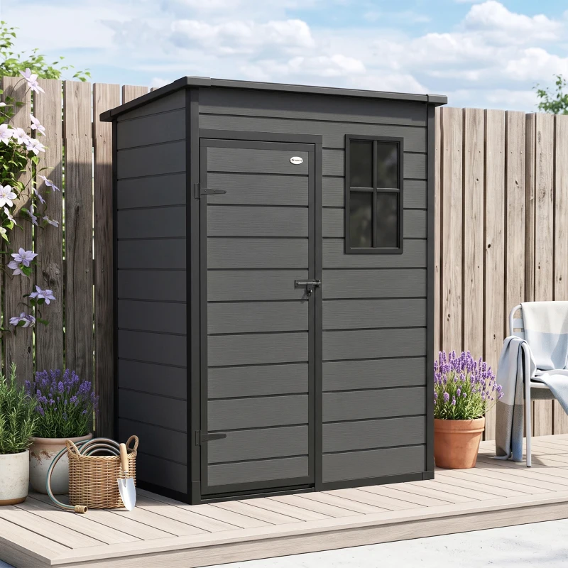 Outsunny Abri de Jardin 1,14 m², Cabane de Jardin pour Outils, Porte Verrouillable, Aération, Fenêtre, 151x92x193cm, Gris Foncé