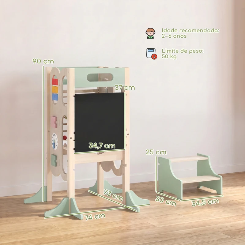 AIYAPLAY Torre de Aprendizagem Infantil Montessori 6 em 1 com Quadro, Banco de Cozinha para Crianças dos 2 aos 6 Anos, Verde