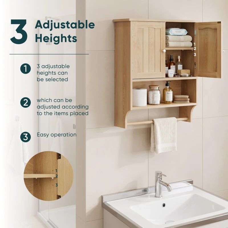 Waterproof Oak Bathroom Cabinet with Towel Rack, Space-Saving Wall-Mounted Vanity for Bathroom Laundry Kitchen, 60L x 20W x 70H cm, Oak