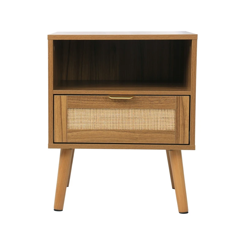 Boho Rattan Nightstand with Rattan Drawer, Open Shelf and Gold Handles, Mid-Century Bedside Table for Bedroom, 45L x 40W x 55H cm, Walnut