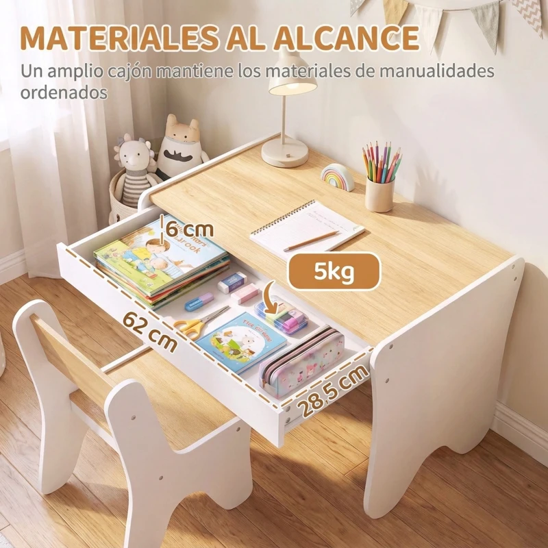 AIYAPLAY Juego de Mesa Infantil con Silla con Cajón Mesa y Silla Infantil Montessori 3 a 8 Años Blanco y Madera Natural