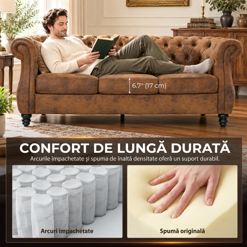 HOMCOM Canapea Chesterfield 3 Locuri din Material Respirabil cu Aspect de Piele, Șezut Lat, Umplutură Groasă, Maro Cafea