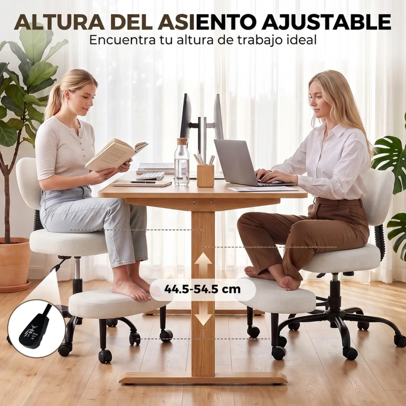 HOMCOM Silla de Oficina Ergonómica para Piernas Cruzadas Giratoria 360° Ruedas PU Altura Ajustable para TDAH Meditación Crema