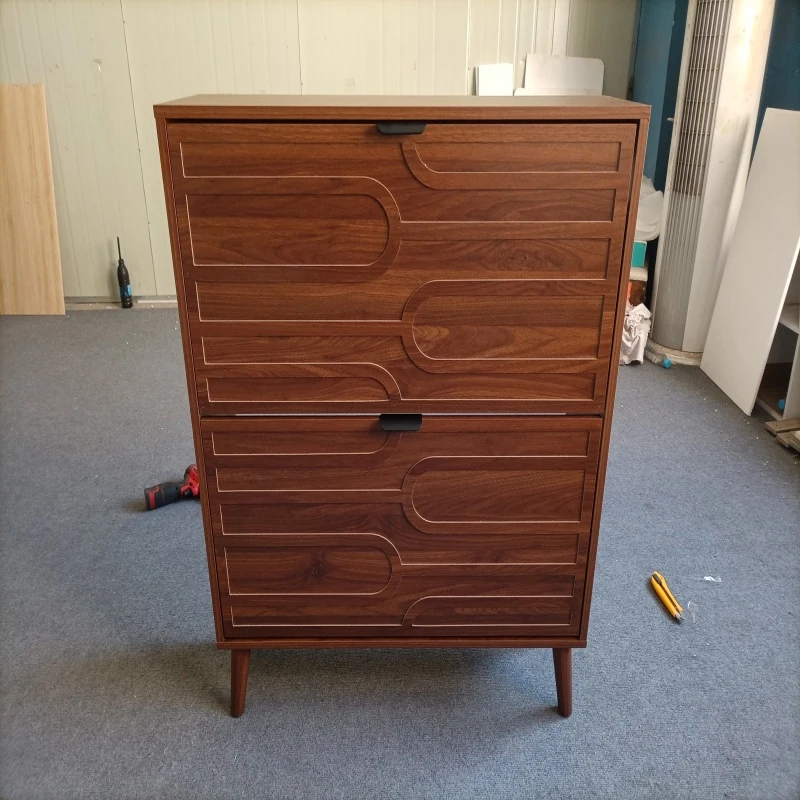 Farmhouse Walnut Shoe Storage Cabinet with 2 Flip Drawers, Slim Fence Shoe Cabinet for Corridor Entrance, 80L x 24W x 98H cm, Walnut