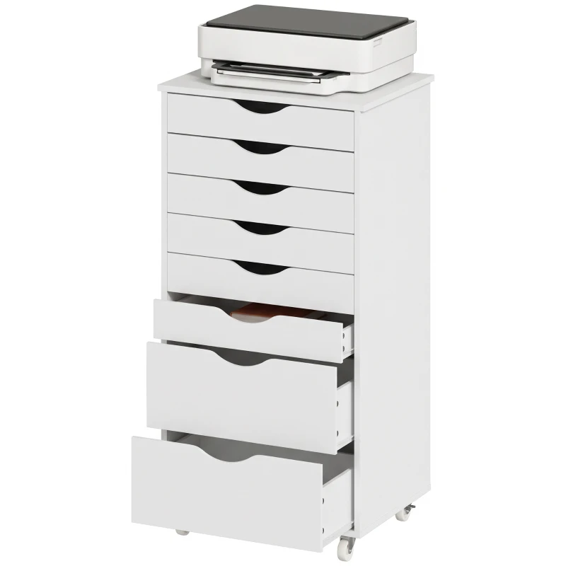 HOMCOM Caisson Bureau Mobile avec 8 Tiroirs, Meuble Rangement Bureau pour Documents et Imprimante, 53x40x103,5cm, Blanc