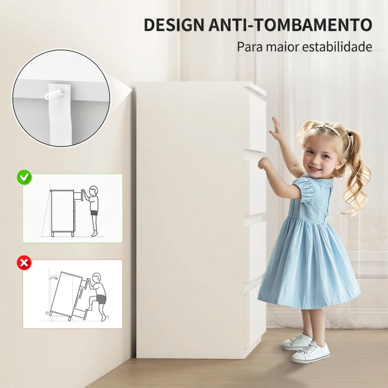 HOMCOM Cómoda com 4 Gavetas para Quarto, Design Moderno, Fecho Suave, para Sala, Closet ou Hall de Entrada, 80x39x95 cm, Branco