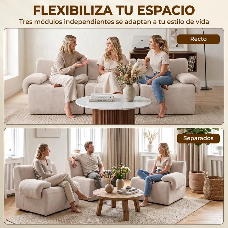 HOMCOM Sofá 3 Plazas Modular 277 cm de Chenilla sin Armazón Cojín Grueso con Muelles Asiento Ancho Profundo sin Montaje Beige