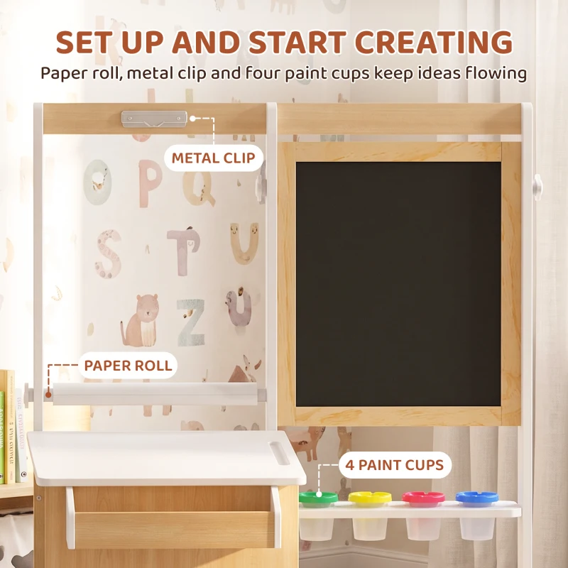 AIYAPLAY Ensemble Table pour Enfant avec Banc en Bois 5-en-1 avec Chevalet, Tableau Noir et Blanc Double Face, 3-8 Ans, Blanc
