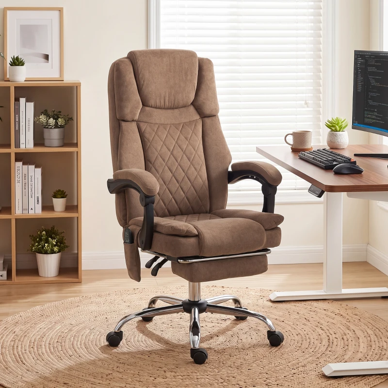 HOMCOM Fauteuil Bureau Massant Vibrant et Chauffant, Chaise Bureau Ergonomique en Velours Imprimé, Dossier Inclinable, Marron