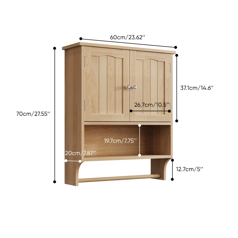 Waterproof Oak Bathroom Cabinet with Towel Rack, Space-Saving Wall-Mounted Vanity for Bathroom Laundry Kitchen, 60L x 20W x 70H cm, Oak