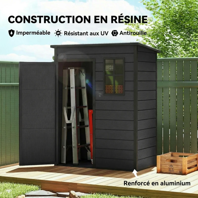 Outsunny Abri de Jardin 1,14 m², Cabane de Jardin pour Outils, Porte Verrouillable, Aération, Fenêtre, 151x92x193cm, Gris Foncé