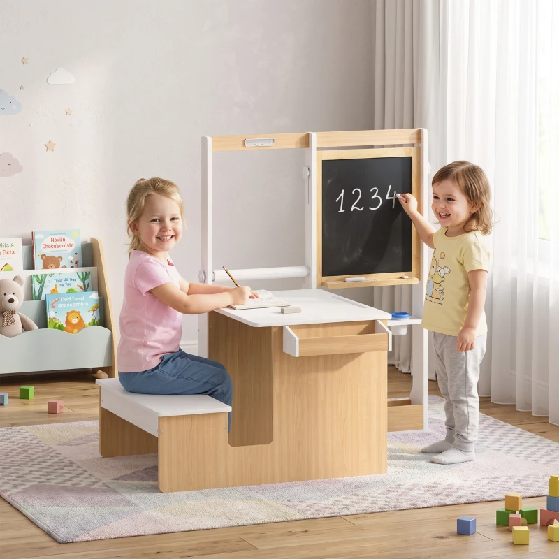AIYAPLAY Ensemble Table pour Enfant avec Banc en Bois 5-en-1 avec Chevalet, Tableau Noir et Blanc Double Face, 3-8 Ans, Blanc