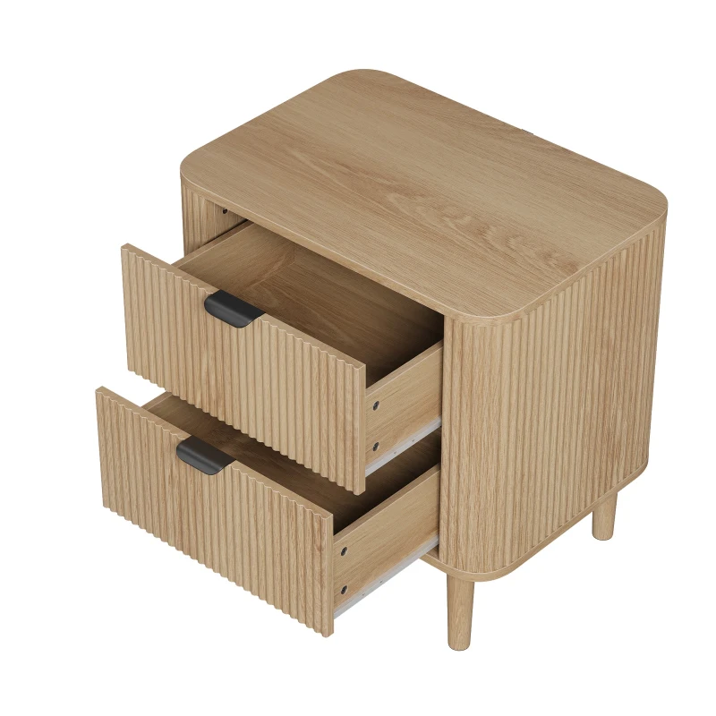 Nordic Farmhouse Bedside Table with 2 Drawers, Practical Oak Storage Side Cabinet for Bedroom Living Room, 57L x 40W x 57H cm, Oak