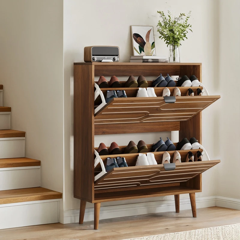 Farmhouse Walnut Shoe Storage Cabinet with 2 Flip Drawers, Slim Fence Shoe Cabinet for Corridor Entrance, 80L x 24W x 98H cm, Walnut