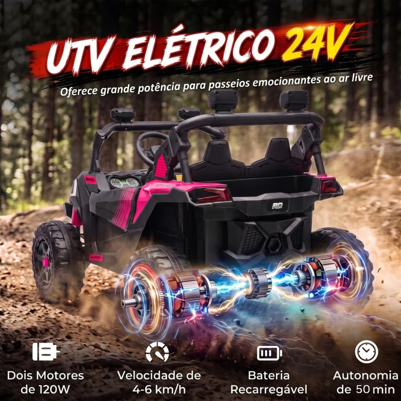 AIYAPLAY UTV elétrico infantil 24 V de 2 lugares, 2 motores de 120 W, comando à distância e suspensão às 4 rodas, rosa