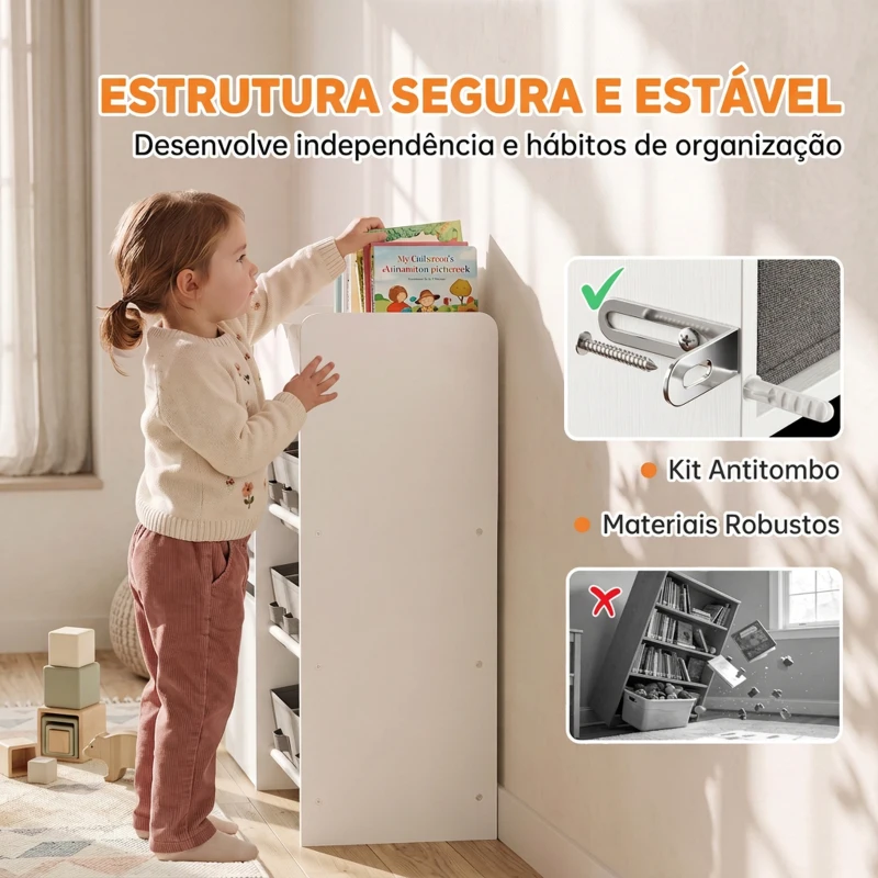 AIYAPLAY Organizador Infantil com Estante para Livros 8 Caixas de Tecido Gaveta com Rodas e Prateleira Branco