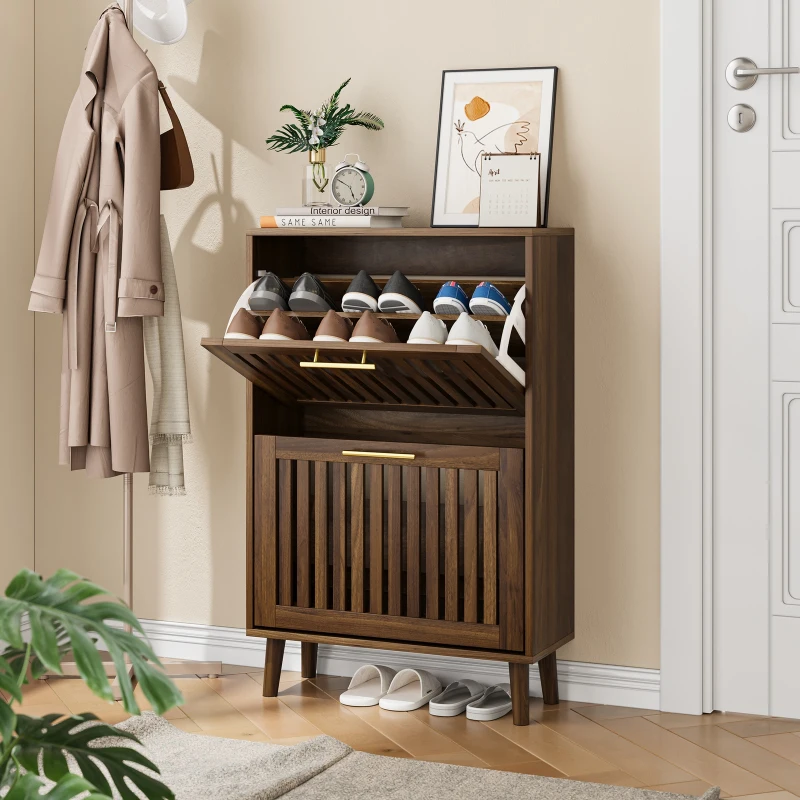 Rustic Walnut Shoe Storage Cabinet with 2 Flip Drawers, Compact Fence Shoe Cabinet for Hallway Entrance, 60L x 24W x 93H cm, Walnut
