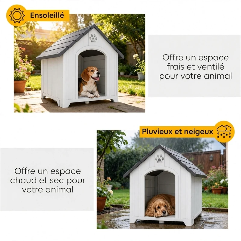 PawHut Niche pour chien extérieur, maison chien en polypropylène imperméable ventilé plancher surélevé 76x66x77cm gris clair