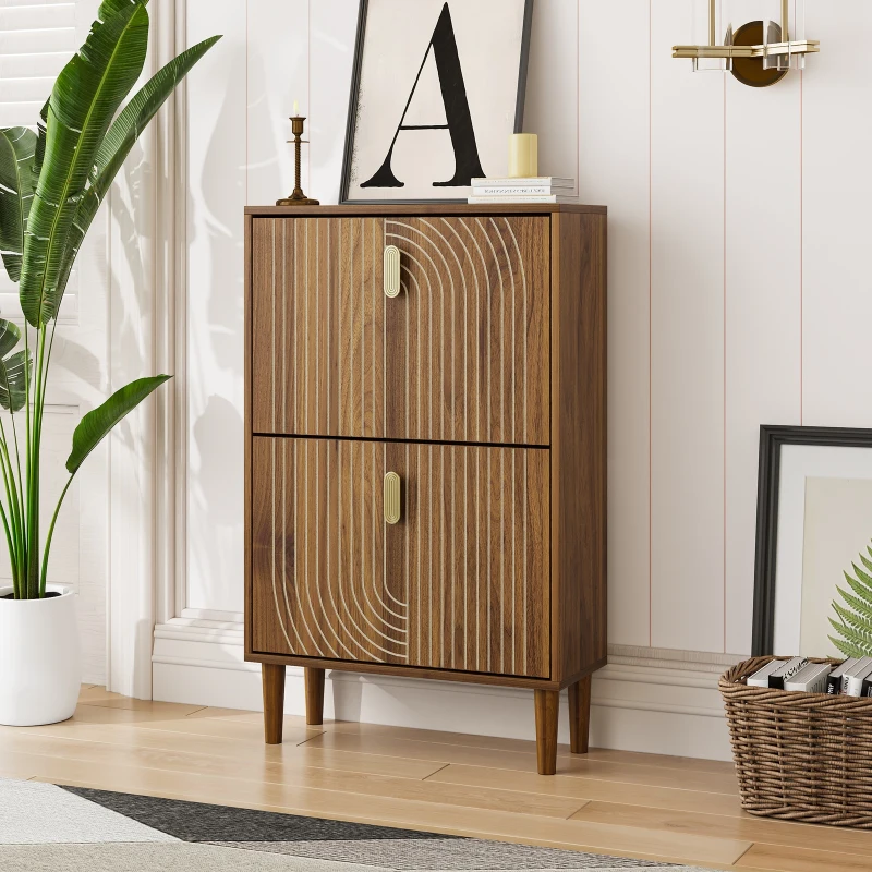 Minimalist Walnut Shoe Storage Cabinet with 2 Flip Drawers, Freestanding Shoe Rack Cabinet for Entryway, 60L x 24W x 96H cm, Walnut